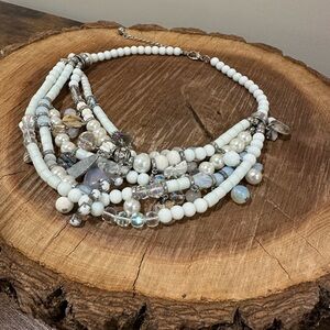 Source Unknown White Multi-Strand Beaded Necklace with Iridescent Accents